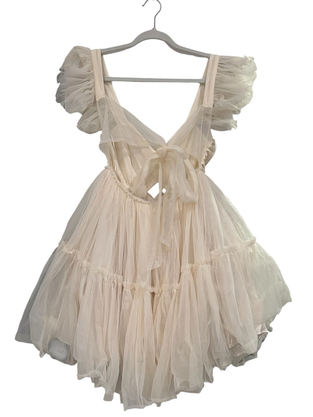 MABLE Mini Dress Mesh Tier Tulle Ruffle in Cream Size M Whimsical Fairycore NWOT - Picture 2 of 11